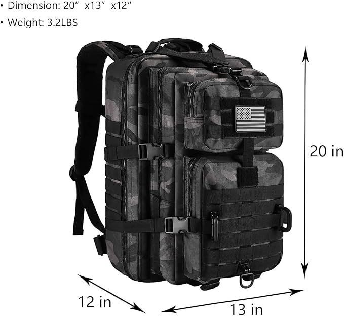 Hannibal Tactical MOLLE Assault Pack, Tactical Backpack Military Army Camping Rucksack, 3-Day Pack Trip w/USA Flag Patch, D-Rings, Black Camo