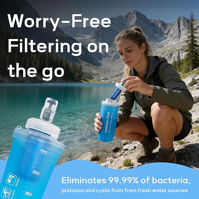 700ml Soft Flask Water Bottle, Collapsible Water Bottle with Filter, Perfect for Hiking, Backpacking, and Camping - Blue