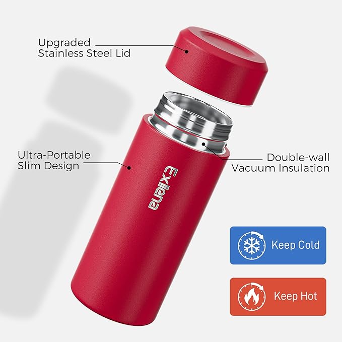 【Upgraded】Exllena Small Insulated Water Bottle 8 oz/250ml– Mini Insulated Water Bottle for Hot & Cold Drinks, Perfect Small Flask for Travel, Purse...(Red)