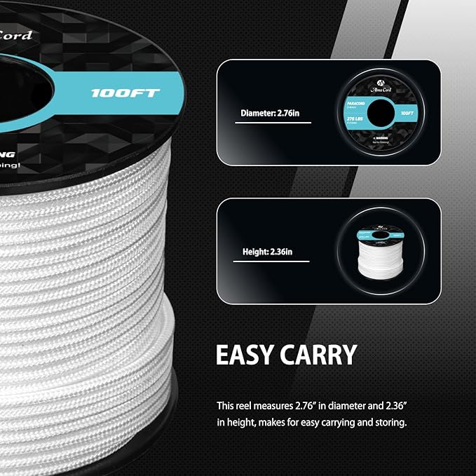 Abma Cord 2.4mm Paracord 275 100ft Nylon Rope 4 Strands Tactical Parachute Cord - Max. 275lbs - White