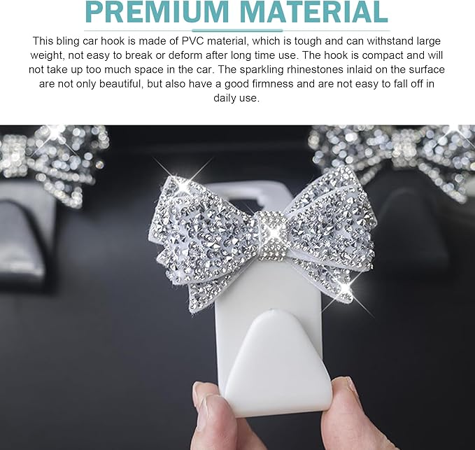 2 PCS Bling Bow Car Seat Headrest Hooks, Cute Rhinestone Bow Car Seat Back Storage Decor Hook, Multi-Purpose Rear Hanger Holder for Bags, Purse, Clothes (White)