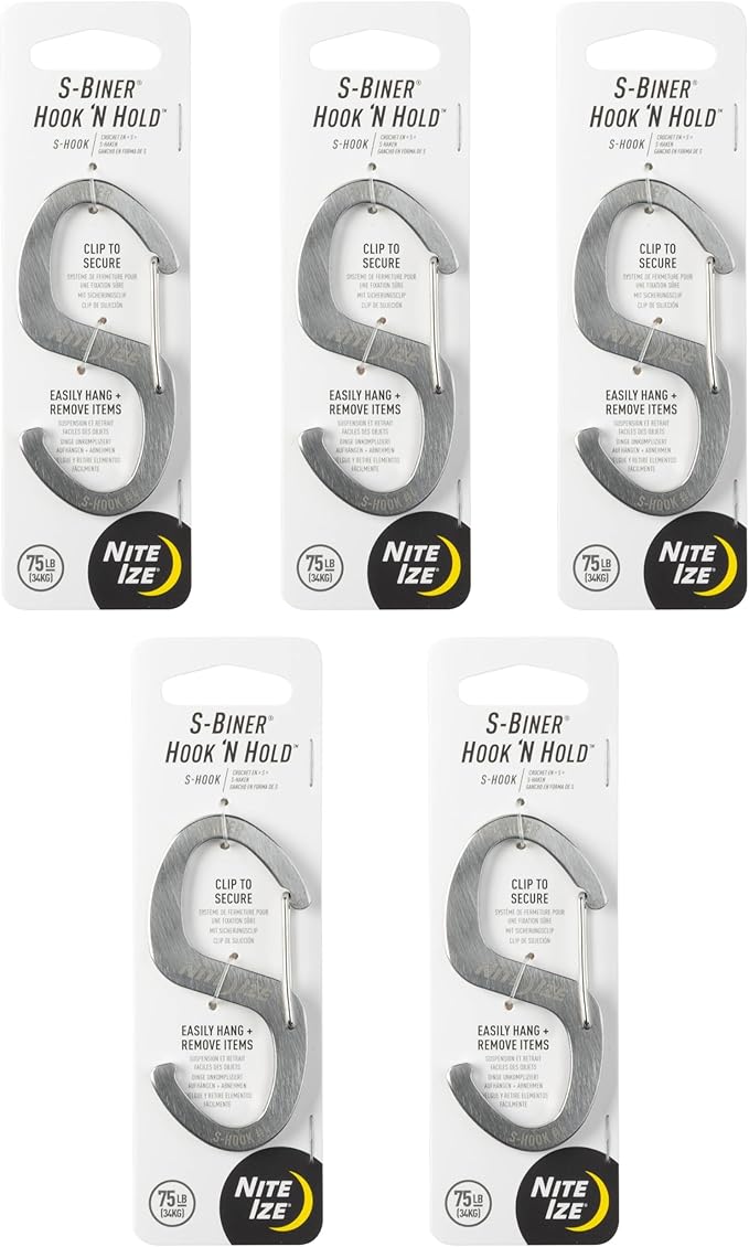Nite Ize S-Biner Hook 'N Hold S-Hook - Durable Hook for Hanging Equipment & Everyday Use - Multipurpose Stainless Steel S-Hooks with S-Biner Clip - Securely Clip Tools & More - 5 Pack