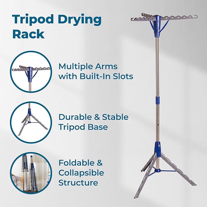 Honey-Can-Do 64-Inch Steel Tripod Clothes Drying Rack, Foldable Collapsible Laundry Stand with 3 Rotatable Arms, Holds 30 Hangers, Space-Saving Indoor Outdoor Air Dry Rack, Blue