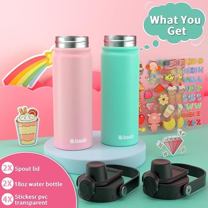 baab 18oz Kids Water Bottle, Insulated Kids Water Bottle with Lockable Spout Lid & Stickers, 18/8 Stainless Steel Vacuum Leakproof Kid Water Cup for Boy Girl School (Pink+Mint Green, 2 Pack)