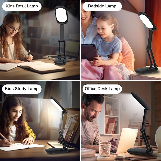 Akejrym LED Desk Lamp for Office Home & Battery Operated Lamp Rechargeable Lamp Foldable & Portable Light, [2-Fold Bracket] 3 Brightness Dimmable Small Desk Lamp Wireless Reading Lamp (Black)