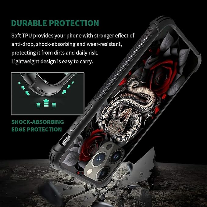 for iPhone 14 Pro Max Case, Entwined Rose Snake Pattern Graphic Design Girl Boy Soft Silicone Hard Acrylic Shock Protection for iPhone 14 Pro Max