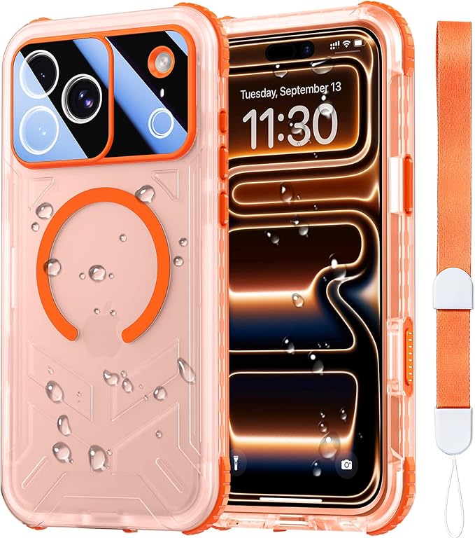 SPIDERCASE Magnetic for iPhone 17 Pro Max Case Waterproof,[Built-in Screen & Camera Protector] [IP68 Underwater] 12FT Military Shockproof, Dustproof, Anti-Scratched Phone Case,Orange/Clear