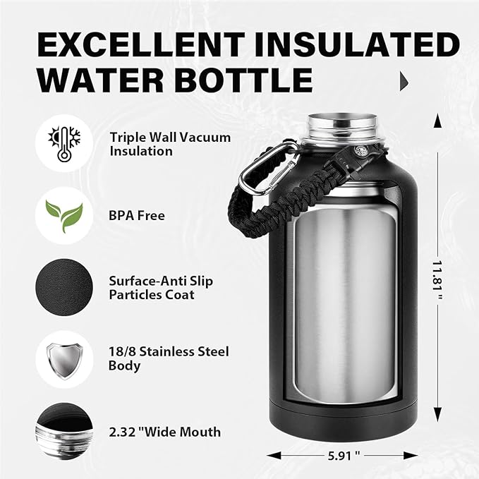 One Gallon Insulated Water Bottle, Triple Wall 128 oz Stainless Steel Wide Mouth Water Bottles (Cold for 48 Hrs), Leak Proof, Non-BPA, Large Water Flask Jug with Paracord Handle & Straw Spout Lids
