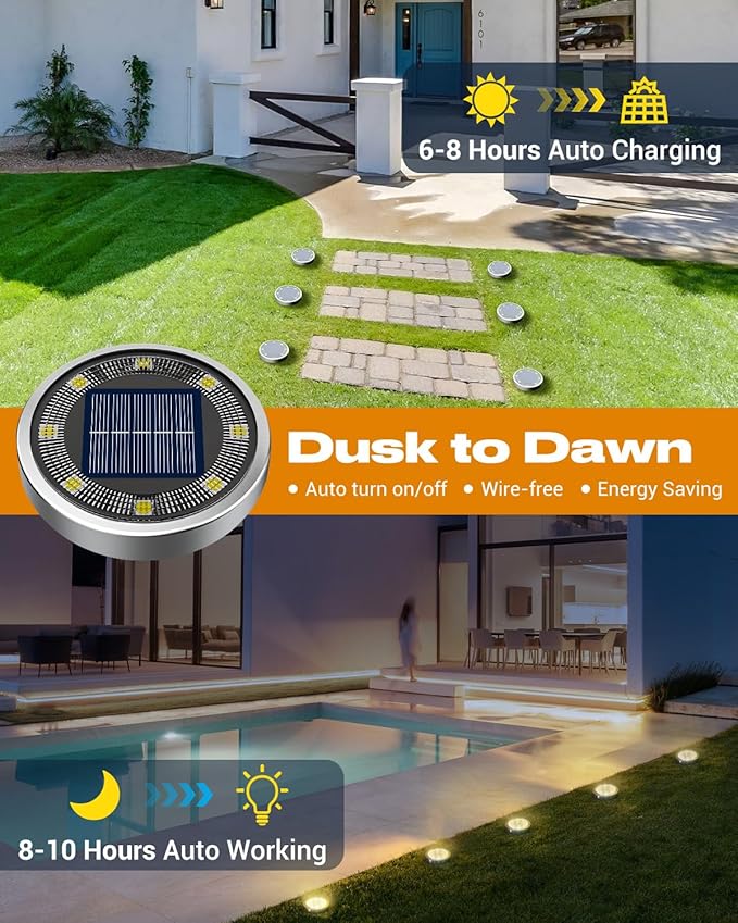 btfarm 2 Pack Solar Lights Outdoor, 8 LED Solar Ground Lights IP65 Waterproof Flat Solar Disc Light, Pathway Lights for Garden Lawn Patio Yard Path Landscape, Warm White