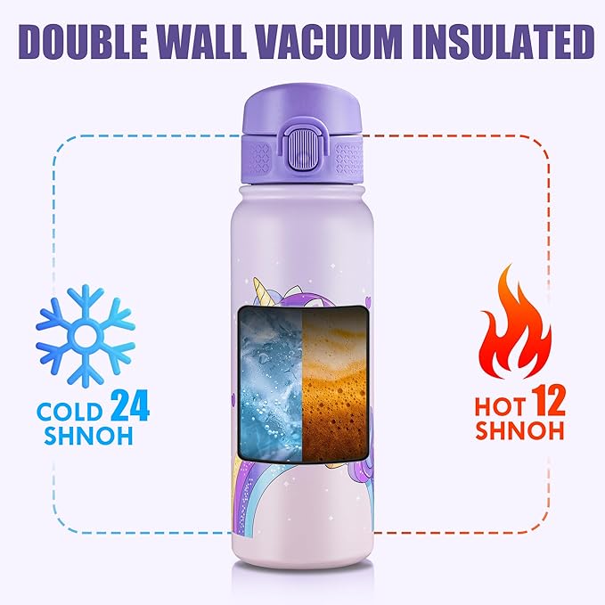 OLDLEY 20 Oz Insulated Stainless Steel Water Bottle For Kids, With Straws Leak-proof, Kids Water Bottles For School Boys Girls,Magic Unicorns