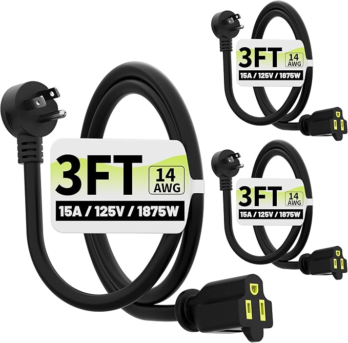 Vockjour 3 FT 3 Pack Black Low Profile Flat Plug 14 Gauge Heavy Duty Extension Cord, 14AWG 3-Wire Grounded Appliance Extension Cord, 15A/125V/1875W SJTW ETL Listed Power Cord
