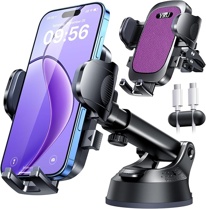 YRU [True Upgrade for Safety] Car Phone Holder Mount [Patent & Military-Grade] Dashboard Cell Phone Holder for Car Vent Windshield Phone Stand for iPhone 17 16 15 14 13 Pro Max Truck Samsung, Purple