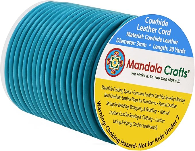 Mandala Crafts Round Genuine Teal Leather Cord for Jewelry Making – 3mm Cowhide Leather Rope String Lace for Kumihimo – 20 Yards Cowhide Craft Cording Spool
