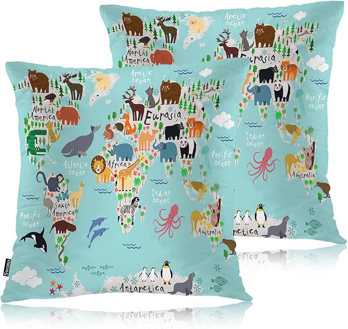 Swono World Map Throw Pillow Covers, Cartoon Forests Animal Map of The World Set of 2 Pillow Cases Decorative 18 X 18 Inches, Soft Cushion Cover Pillowcases for Bedroom, Living Room, Cushion Sofa