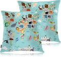 Swono World Map Throw Pillow Covers, Cartoon Forests Animal Map of The World Set of 2 Pillow Cases Decorative 18 X 18 Inches, Soft Cushion Cover Pillowcases for Bedroom, Living Room, Cushion Sofa