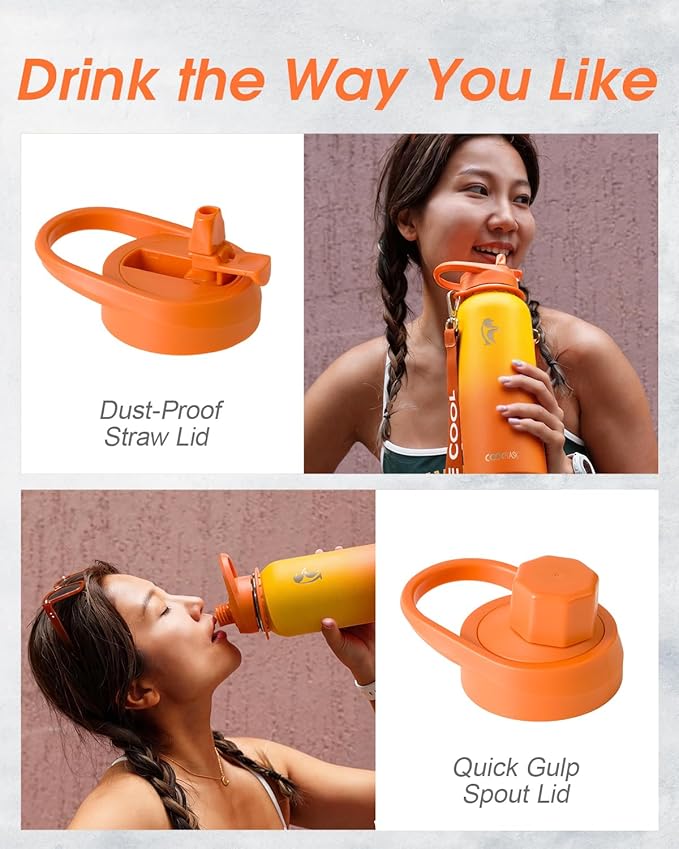 Coolflask Water Bottle with Straw, 32 oz Insulated Metal Water Flask with Straw & Spout Lids, Stainless Steel Double Wall Vacuum, Keep Cold 48h Hot 24h, Leak Proof, BPA-Free, Yellow/Orange