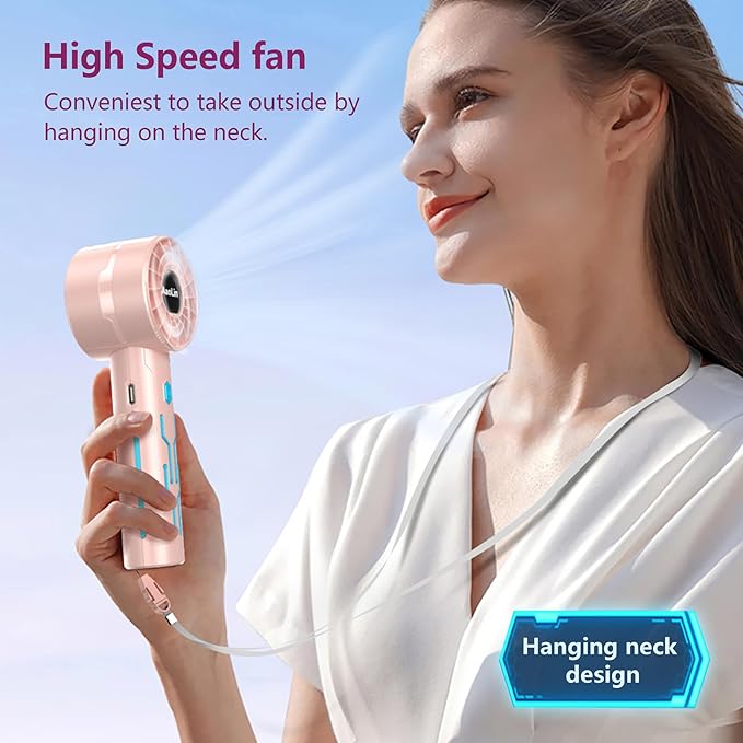 AaoLin 2pcs Portable Handheld Turbo Fan with 7000rpm High-Speed Motor USB Rechargeable Cooling Personal Fan 4-Speed, 4-16H Runtime, with Lanyard for Outdoor Travel, Women, Kids, Summer Gift