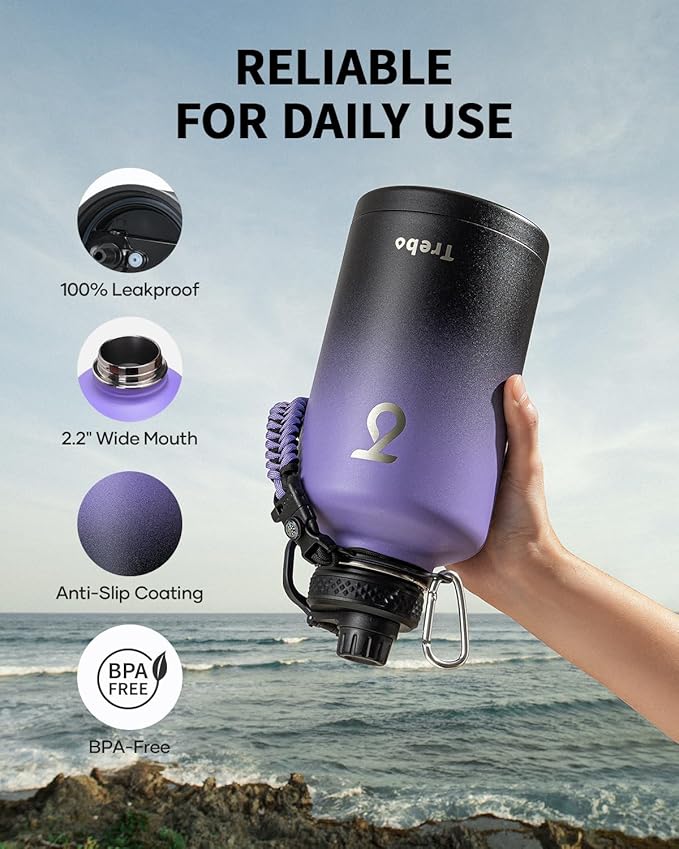 Trebo Water Bottle 64oz with Paracord Handle, Half Gallon Large Vacuum Triple Wall Stainless Steel Insulated Water Jug with Holder Strap Straw Spout Lids, Leakproof Keep Cold & Hot,Dark Purple