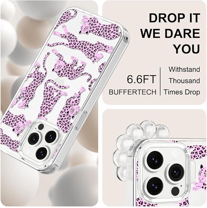 MOSNOVO Case for iPhone 13 Pro Max, [Buffertech 6.6ft Military-Grade Drop Protection] [Anti Peel Off Tech] Clear TPU Bumper Phone Case Cover Design - Pink Leopard