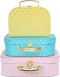 Jewelkeeper Decorative Storage Boxes Set of 3 - World Map Mini Suitcase Style Cardboard Suitcase with Brass Clasps and Handle - Ideal for Travel Decor, Event Props and Gift Presentation