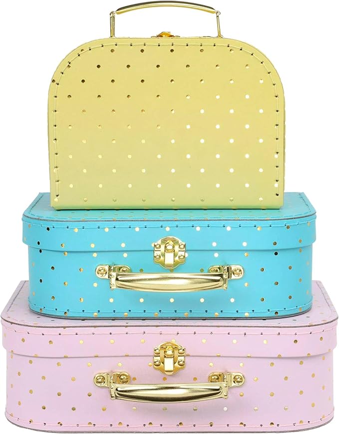 Jewelkeeper Decorative Storage Boxes Set of 3 - World Map Mini Suitcase Style Cardboard Suitcase with Brass Clasps and Handle - Ideal for Travel Decor, Event Props and Gift Presentation