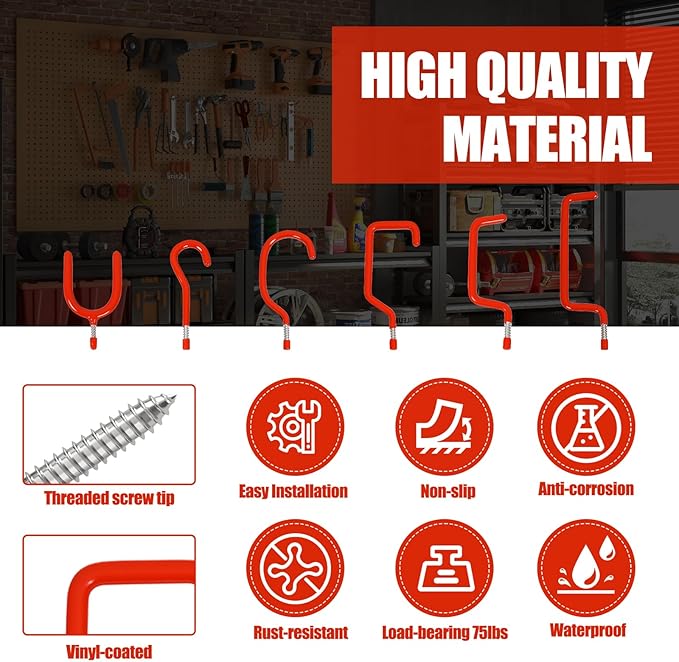 Garage Hooks Heavy Duty, 12-Pack Mixed Utility Garage Hooks, Wall Mounted Steel Tool Hangers for Garage Wall Organizer, Hold Ladders Tools Bikes (Red, 6 Type & 12 Pack)