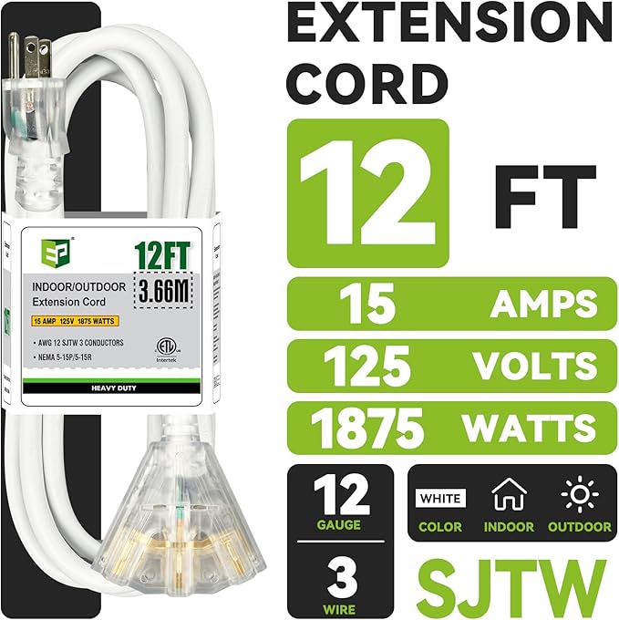 EP 12FT 12 Gauge Heavy Duty Extension Cord, 15A 125V 1875W, 3 Outlet Indoor/Outdoor Power Cord with Lighted End, 12/3 SJTW Weatherproof White, ETL Listed