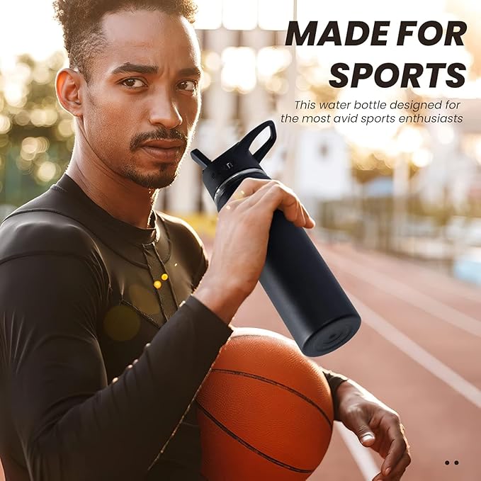 40 Pack 22 oz Sports Water Bottle With Straw,2 Lids, Stainless Steel Vacuum Insulated Water Bottles,Leakproof Lightweight, Keeps Cold and Hot, Great for Travel(Black)