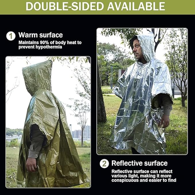 Emergency Survival Poncho (4pc) Thermal Mylar Foil Coating Blanket for Heat Retention and Rain | Reversible with Hood | Waterproof, Windproof, Portable | Green | 100x130cm