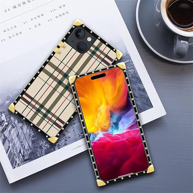 Compatible with iPhone 15 Case, Black Red Beige Stripes Luxury Golden Decoration for Girl Women Soft TPU Shockproof Protective Hard PC Back for iPhone 15