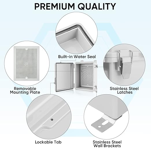 TICONN Outdoor Electrical Box Waterproof, Junction Box IP67 ABS Plastic Enclosure with Hinged Cover with Mounting Plate, Wall Brackets, Cable Glands (Off-White, 11"x7.5"x5.5")