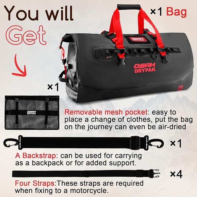 OSAH DRYPAK Waterproof Duffel Bag 25L/40L/60L – Heavy-Duty Motorcycle Tail Bag, Roll-Top Dry Bag for Travel, Camping, Boating, Kayaking, Outdoor Adventure