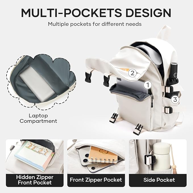 coowoz Lightweight School Bag Casual Daypack College Laptop Backpack for Men Women Water Resistant Travel Rucksack for Sports High School Middle Bookbag for girls（White）