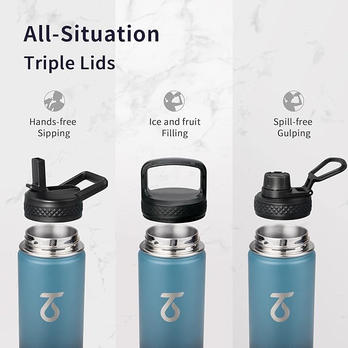 Trebo 24 oz Water Bottle Insulated with Lid and Straw,Triple Wall Vacuum Stainless Steel Metal Tumbler Sports Flask with Paracord Handle, Keep Cold 48 Hours Water Cup with 3 Lids, Indigo/Black