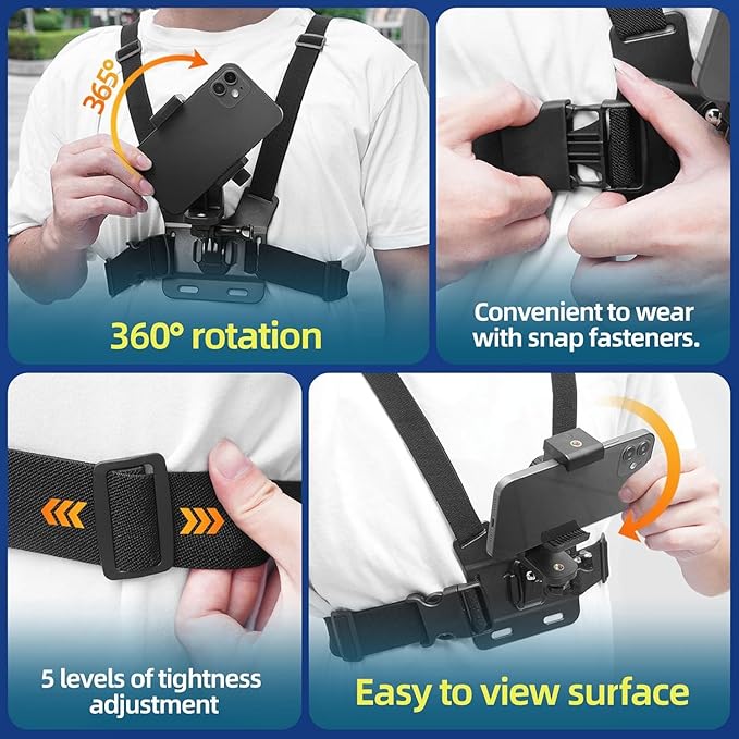 Mobile Phone Chest Mount Harness Strap Cell Phone Holder Mount for Video Recording Bike/Kayak/Fishing/Skateboard POV/VLOG for iPhone/Samsung for GoPro Hero 11 10 9 8/Insta360/DJI Action Camera, Black
