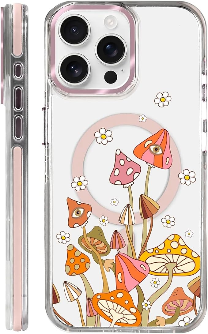 Case for iPhone 13 Pro,[Compatible with MagSafe],Retro Mushroom Sunflower Phone Case Design，for Women Girls Magnetic Clear Cover - Slim, Sleek, & Shockproof Protection