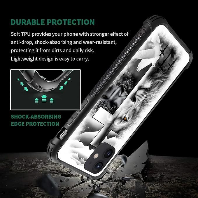 for iPhone 12/12 Pro Case, Lion Cross Jesus Christ Dove Pattern Graphic Design Girl Boy Soft Silicone Hard Acrylic Shock Protection for iPhone 12/12 Pro