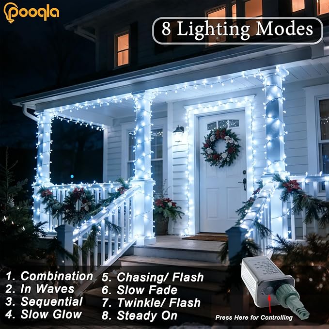 Cool White String Lights Outdoor Christmas Decoration, 66 ft 200 LED Christmas Lights Plug in, Indoor Connectable 8 Modes Clear Wire Twinkle Fairy String Lights for Xmas Tree Bedroom Holiday Party