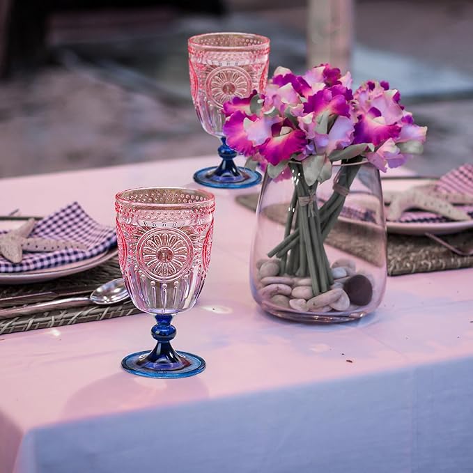 XUWAIDSGN 12Pcs Plastic Vintage Wine Glasses 13.5oz Reusable Embossed Goblet Glasses Pink Blue Gradient Retro Wine Glassware Unbreakable Stemmed Champagne Water Cups for Wine Cocktail Juice Wedding