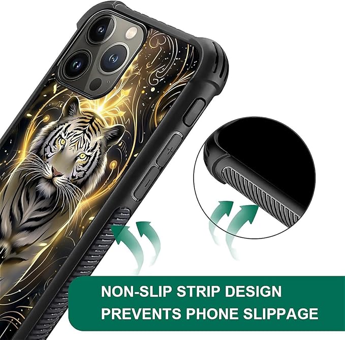 for iPhone 15 Pro Case, White Tiger Golden Mystery Pattern Graphic Design Girl Boy Soft Silicone Hard Acrylic Shock Protection for iPhone 15 Pro
