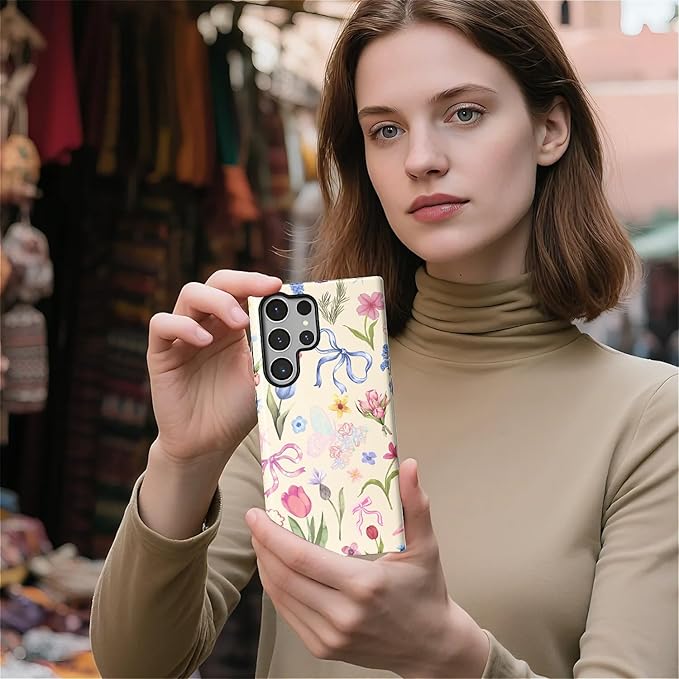 for Samsung Galaxy S24 Ultra Case,HL2 Aesthetic Flower Preppy Collage Hybrid 2 Layer Hard Shell Silicone Protective Pattern Design Case