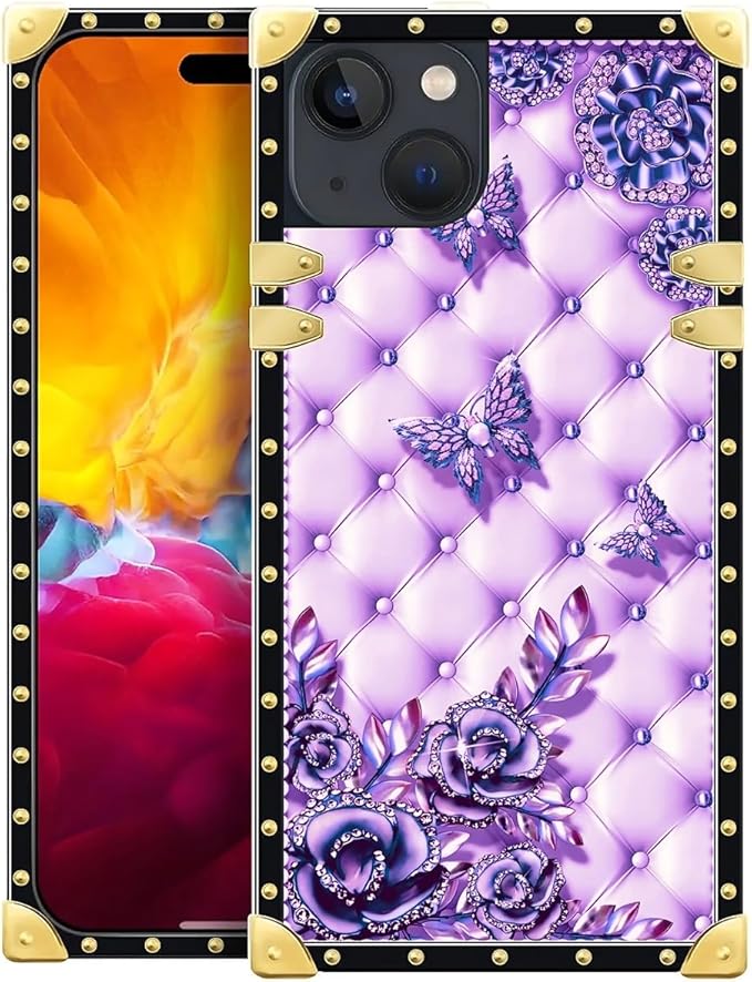 Compatible with iPhone 15 Case, Purple Butterfly Flowers Leaf Luxury Golden Decoration for Girl Women Soft TPU Shockproof Protective Hard PC Back for iPhone 15