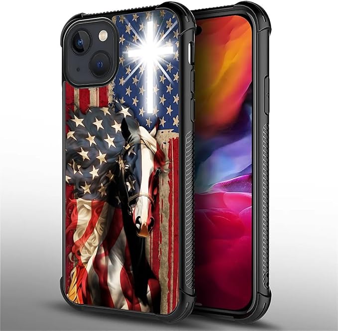 for iPhone 15 Case, Red American Flag Horse Cross Pattern Graphic Design Girl Boy Soft Silicone Hard Acrylic Shock Protection for iPhone 15