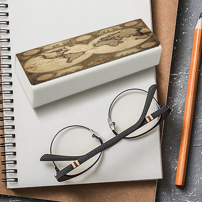 World Map Eyeglass Case Spectacle Case Slim PU Leather Eyeglass Case for Men Women Lightweight Protective Eyewear Storage with Cleaning Cloth