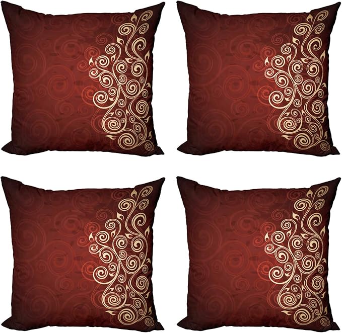 Ambesonne Burgundy Throw Pillow Cushion Case Pack of 4, Floral Swirls Ivy Image Ombre Details Grunge Backdrop Flower Artwork, Modern Accent Double-Sided Digital Printing, 24", Cream Ruby