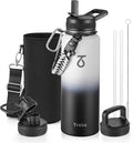 Trebo Water Bottle 40oz with Paracord Handle, Half Gallon Large Vacuum Triple Wall Stainless Steel Insulated Water Jug with Holder Strap Straw Spout Lids, Leakproof Keep Cold & Hot,Black and white