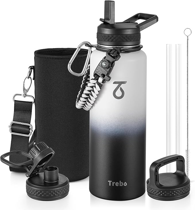 Trebo Water Bottle 40oz with Paracord Handle, Half Gallon Large Vacuum Triple Wall Stainless Steel Insulated Water Jug with Holder Strap Straw Spout Lids, Leakproof Keep Cold & Hot,Black and white