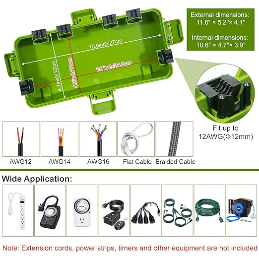 Medium Outdoor Electrical Box (11.6x5.2x4.1 inch), IP54 Waterproof Extension Cord Cover w/ 6 Cable Entry, Weatherproof Connection Box for Power Strip, Plug, Timer, Holiday Lights, Green