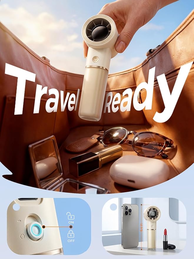 Handheld Portable Fan, 6-Speed Powerful Mini Personal Fan, Rechargeable 5000mAh Battery with Up to 15 Hours Runtime, Pocket Turbo Fan with Smart LED Display, Ideal for Travel, Camping, Makeup