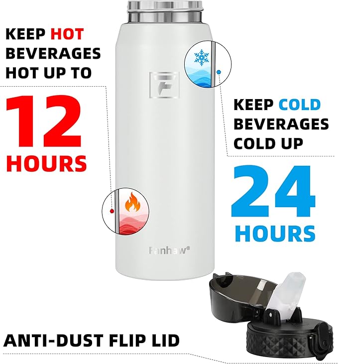 Fanhaw 24 oz Insulated Stainless Steel Water Bottle with Straw Lid, Leakproof & Anti-Dust Sports Bottle for Kids, Women & Men (White)
